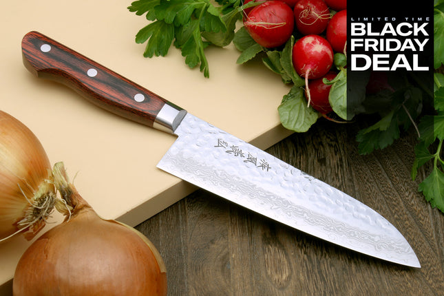 (BF Sale) Yoshihiro VG-10 16 Layer Hammered Damascus Stainless Steel Santoku Chef Knife (Blade Length 7" (180mm))