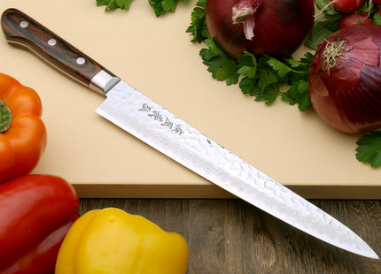 Yoshihiro VG-10 16 Layer Hammered Damascus Stainless Steel Sujihiki Slicer Chefs knife 9.5" (240mm)