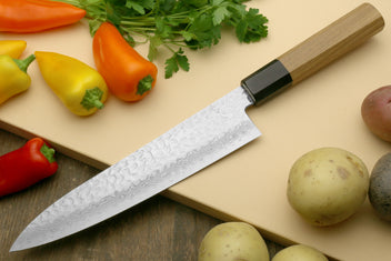 Damascus petty knife with ambrosia wooden handle and black bolster
