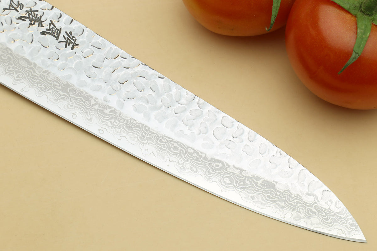 Damascus gyuto chef's knife with textured silver blade and pointed tip