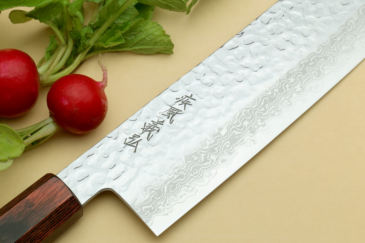 Nakiri vegetable knife featuring hammered Damascus blade with stamped markings and rosewood handle