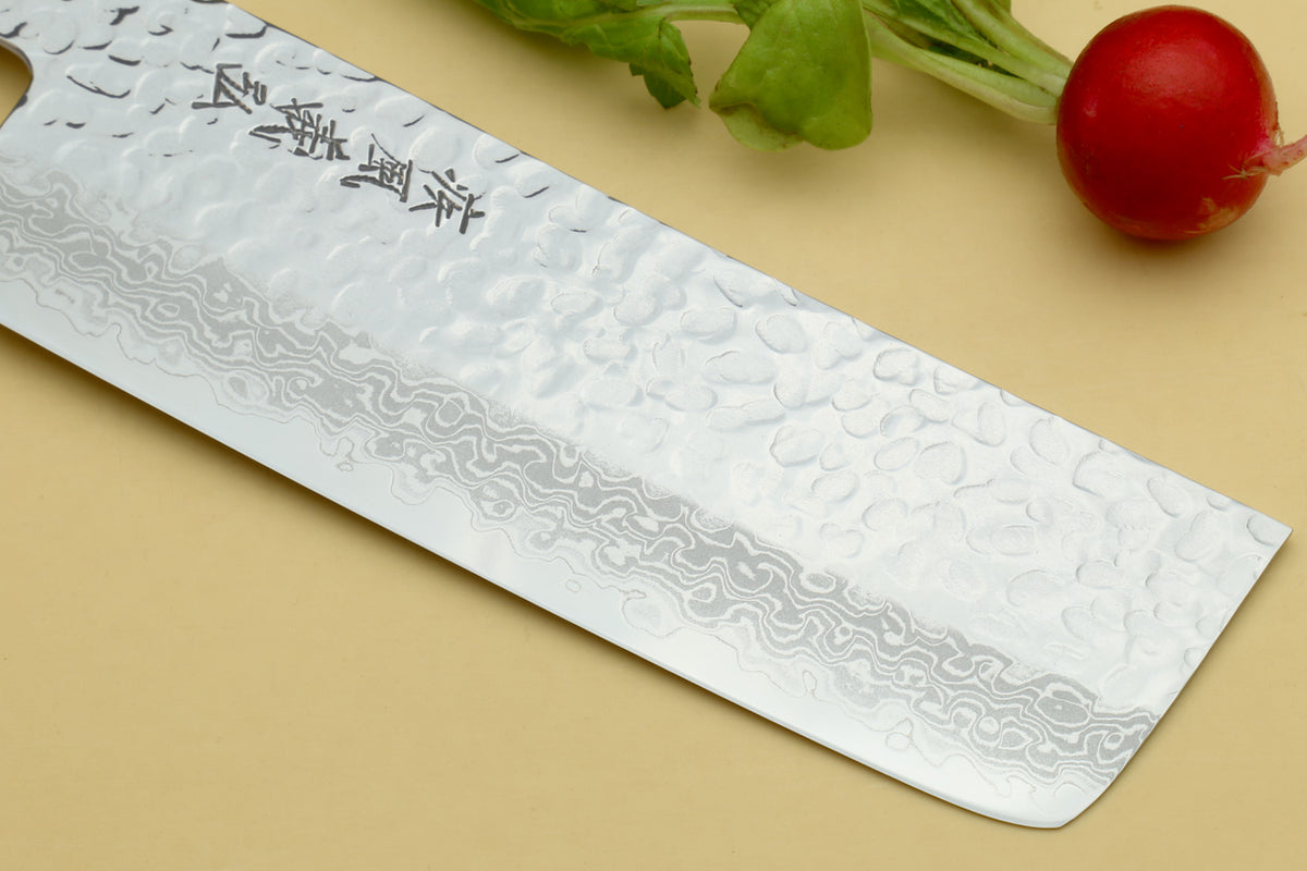 Nakiri vegetable knife with hammered Damascus steel blade and dark rosewood handle