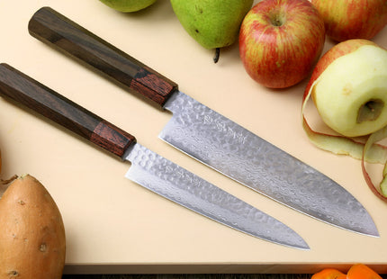 Yoshihiro VG-10 46 layers Hammered Damascus Santoku 7"(180mm) + Petty / Utility 6"(150mm) Chefs knife Set Rosewood Handle with Saya Cover