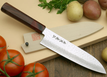 Yoshihiro VG-10 46 layers Hammered Damascus Santoku 7"(180mm) + Petty / Utility 6"(150mm) Chefs knife Set Rosewood Handle with Saya Cover