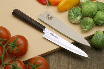 Damascus santoku and petty knives with rosewood handles and matching saya covers