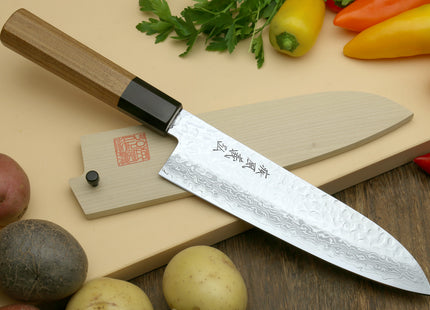 Yoshihiro VG-10 46 Layers Hammered Damascus Santoku Knife Japanese Multipurpose Chef Knife (Octagonal Ambrosia Handle)