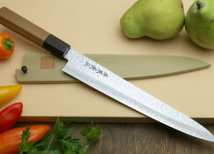 Yoshihiro VG-10 46 Layers Hammered Damascus Sujihiki Japanese Slicer Knife (Octagonal Ambrosia Handle) (9.5" (240mm))