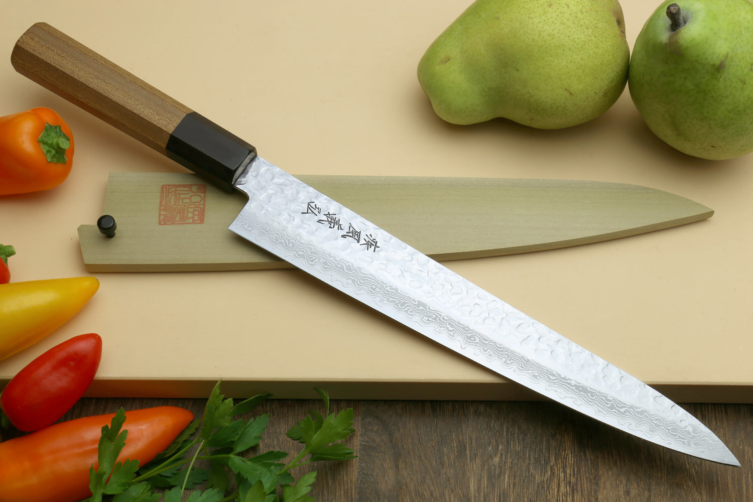 Yoshihiro VG-10 46 Layers Hammered Damascus Sujihiki Japanese Slicer Knife (Octagonal Ambrosia Handle) (9.5" (240mm))