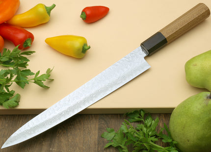 Yoshihiro VG-10 46 Layers Hammered Damascus Sujihiki Japanese Slicer Knife (Octagonal Ambrosia Handle) (9.5" (240mm))