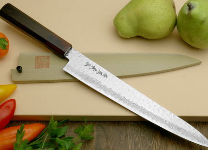 Yoshihiro VG-10 46 Layers Hammered Damascus Sujihiki Japanese Slicer Knife (Octagonal Rosewood Handle) (9.5" (240mm))