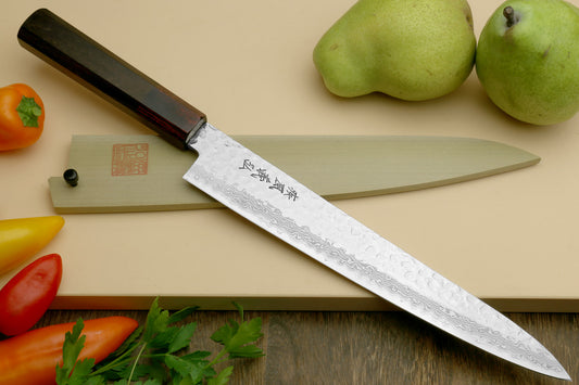 Yoshihiro VG-10 46 Layers Hammered Damascus Sujihiki Japanese Slicer Knife (Octagonal Rosewood Handle) (9.5" (240mm))