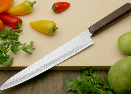 Yoshihiro VG-10 46 Layers Hammered Damascus Sujihiki Japanese Slicer Knife (Octagonal Rosewood Handle) (9.5" (240mm))