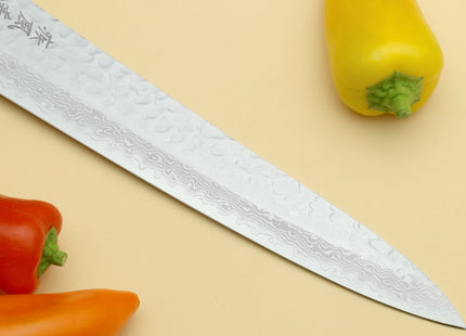 Yoshihiro VG-10 46 Layers Hammered Damascus Sujihiki Japanese Slicer Knife (Octagonal Rosewood Handle) (9.5" (240mm))