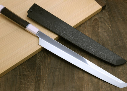 Yoshihiro VG-10 Honyaki Sakimaru Takobiki Japanese Sushi Sashimi Knife with Double Nickel Silver Ring Corian Ebony Handle