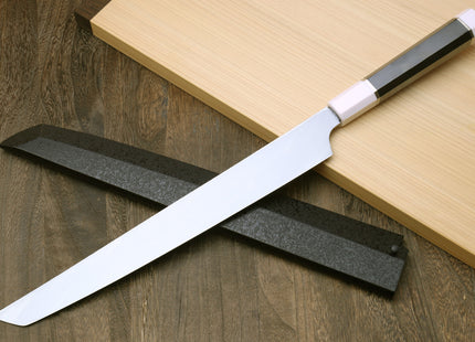Yoshihiro VG-10 Honyaki Sakimaru Takobiki Japanese Sushi Sashimi Knife with Double Nickel Silver Ring Corian Ebony Handle