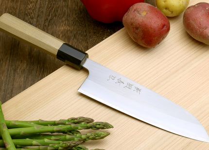 Yoshihiro White Steel #1 Stainless Clad Santoku Multipurpose Knife with Magnolia Wood Handle