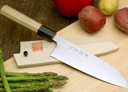 Yoshihiro White Steel #1 Stainless Clad Santoku Multipurpose Knife with Magnolia Wood Handle
