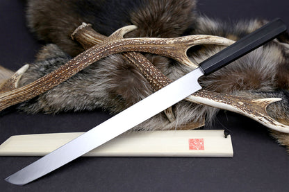 Yoshihiro Mizu Yaki Honyaki Mirror Finished Mt.Fuji with Full Moon Sakimaru Takobiki Premium Ebony Handle 360mm