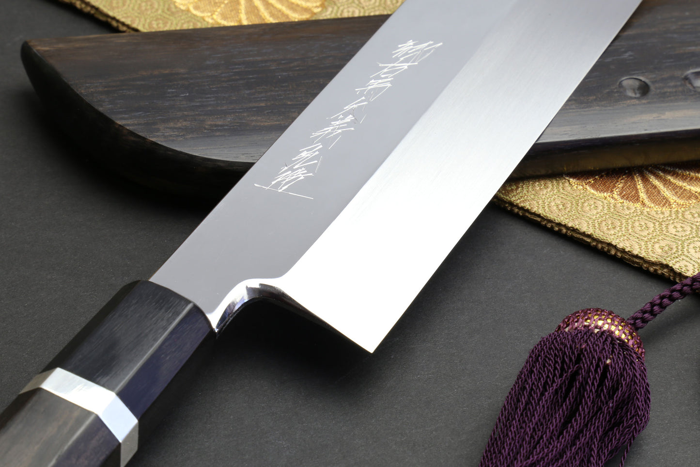 Yoshihiro Mizuyaki Water Quenched Honyaki Mirror-Finished White Steel #1 Usuba 220mm Kama Gata with Sterling Silver Double Bolster Octagonal Ebony handle and Chinagashi Indented Ebony Saya