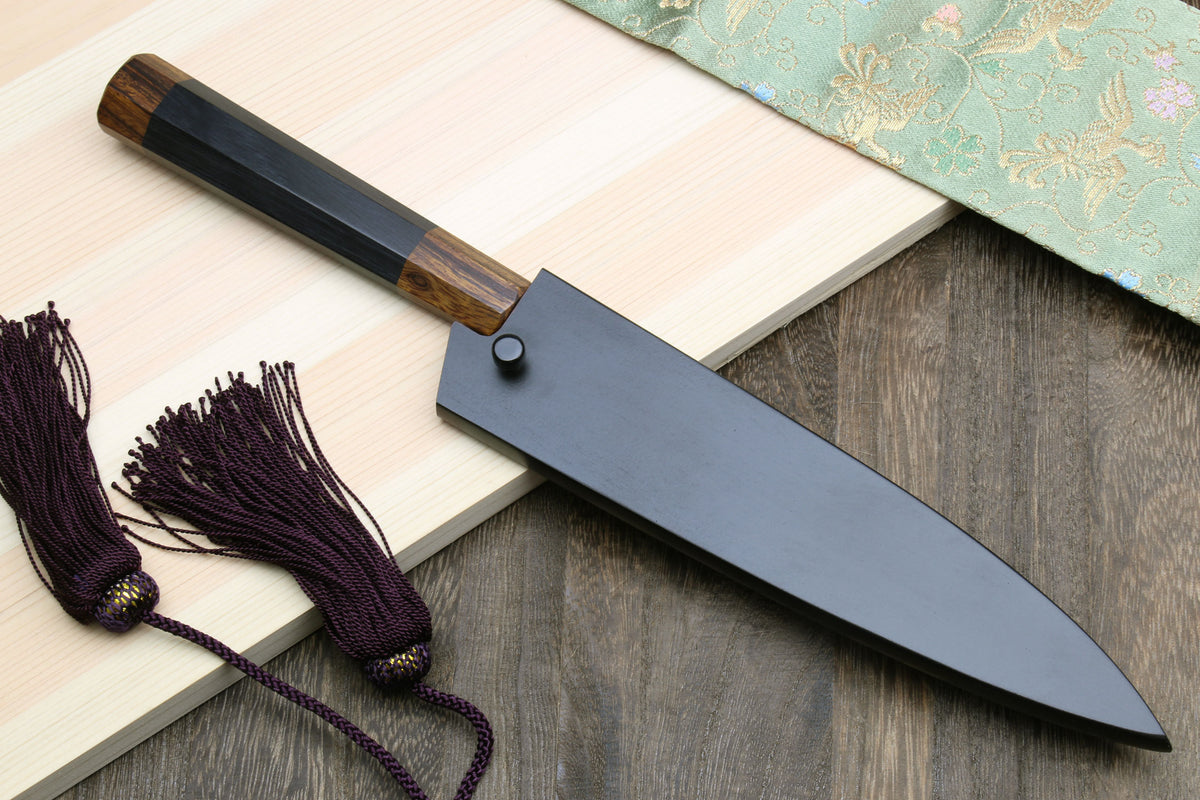 Petty utility knife with dark ebony handle, stainless blade, dark saya and purple tassel