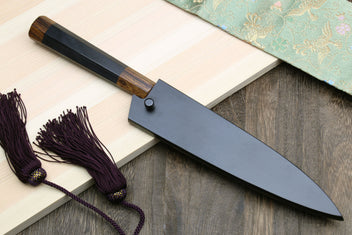 Petty utility knife with dark ebony handle, stainless blade, dark saya and purple tassel