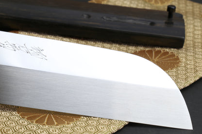 Yoshihiro Mizuyaki Water Quenched Honyaki Mirror-Finished White Steel #1 Usuba 220mm Kama Gata with Sterling Silver Double Bolster Octagonal Ebony handle and Chinagashi Indented Ebony Saya