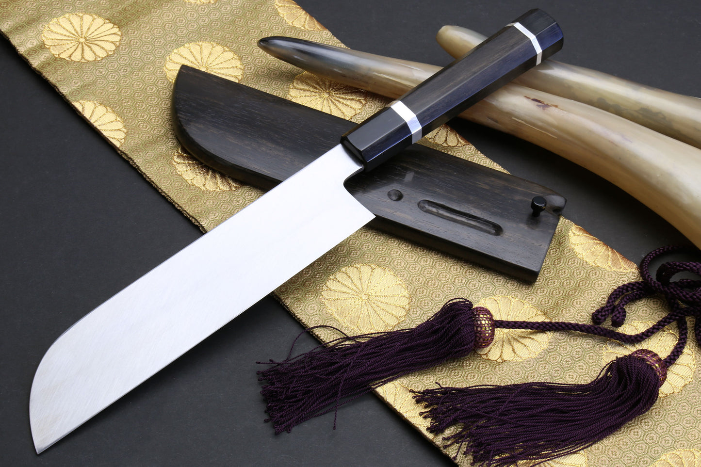 Yoshihiro Mizuyaki Water Quenched Honyaki Mirror-Finished White Steel #1 Usuba 220mm Kama Gata with Sterling Silver Double Bolster Octagonal Ebony handle and Chinagashi Indented Ebony Saya