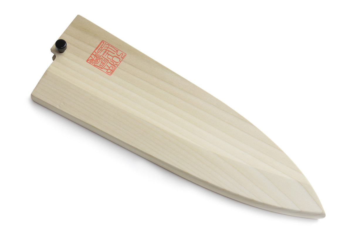 Natural wooden saya knife cover with pointed end, red stamp, and black pin detail