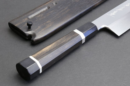 Yoshihiro Mizuyaki Water Quenched Honyaki Mirror-Finished White Steel #1 Usuba 220mm Kama Gata with Sterling Silver Double Bolster Octagonal Ebony handle and Chinagashi Indented Ebony Saya