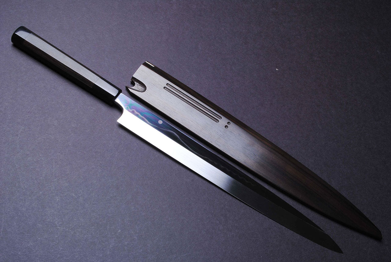 Yoshihiro Honyaki Mirror-Finished White Steel#1 line designs Mt.Fuji with Full Moon Yanagi 330mm Mizuyaki Ebony Handle