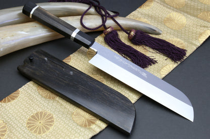 Yoshihiro Mizuyaki Water Quenched Honyaki Mirror-Finished White Steel #1 Usuba 220mm Kama Gata with Sterling Silver Double Bolster Octagonal Ebony handle and Chinagashi Indented Ebony Saya