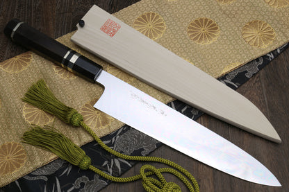 Yoshihiro Mizu Yaki Honyaki Blue Steel #2 Mirror Polished Wa Gyuto Japanese Chef Knife Triple Nickel Silver Ring Ebony Handle