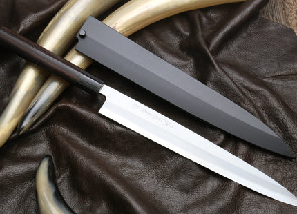 Yoshihiro S-Inox Stainless Steel Yanagi Sushi Sashimi Japanese Chef Knife Round Rosewood Handle with Nuri Saya Cover