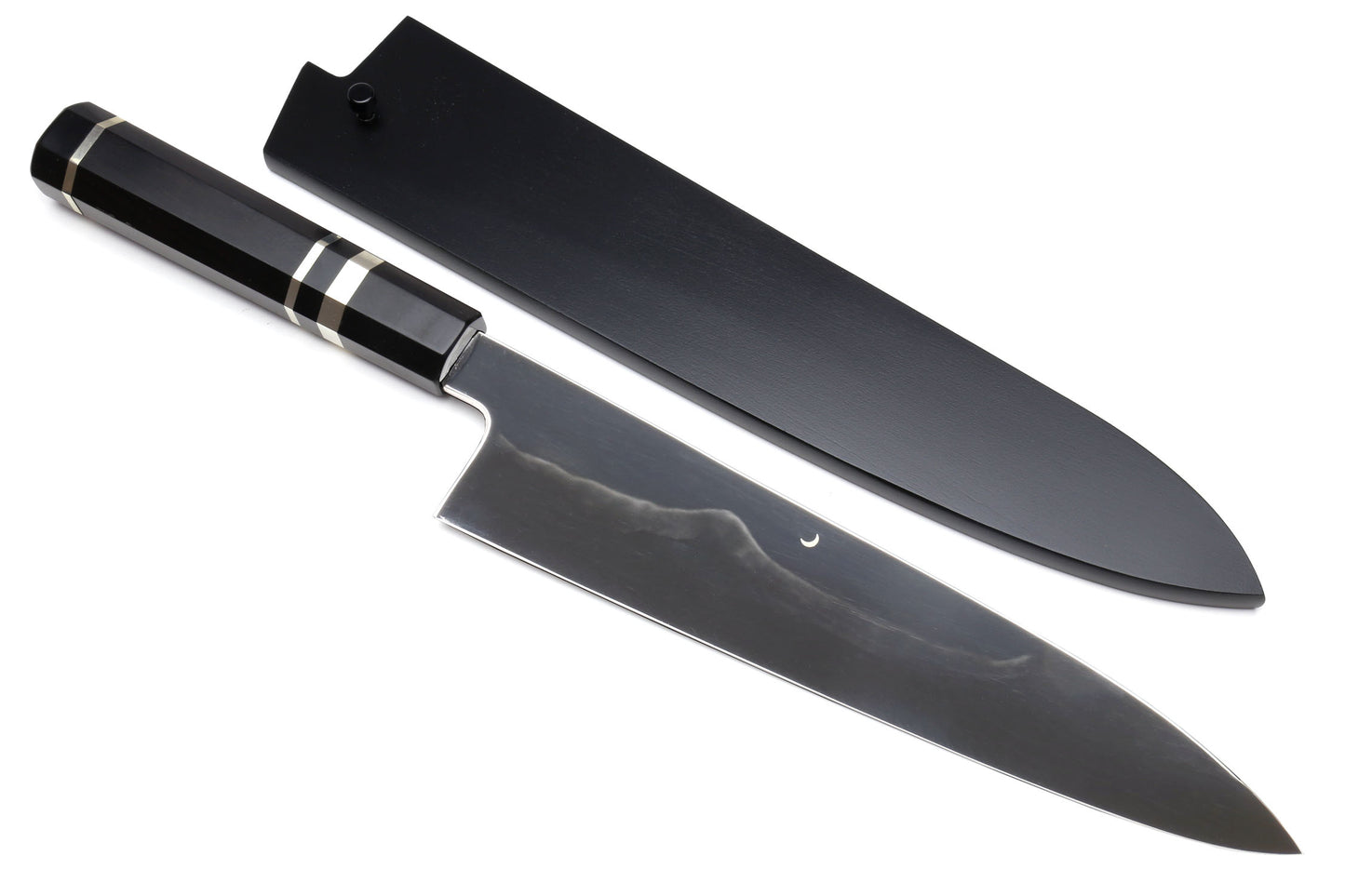 Yoshihiro Mizu Yaki White Steel #2 Honyaki Mirror-Finished Mt. Fuji with Crescent Moon Gyuto Chefs Knife Oct. Ebony Triple Nickel Silver Ring Handle and Nuri Saya