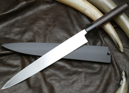 Yoshihiro Inox Stainless Steel Yanagi Sushi Sashimi Japanese Chef Knife Round Rosewood Handle with Nuri Saya Cover