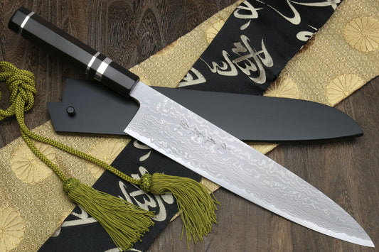 Yoshihiro Special Forged Suminagashi Mizu Yaki Aogami Blue Steel Gyuto Triple Nickel Silver Ring Ebony Handle