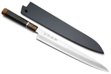 Yoshihiro Hiryu Ginsan High Carbon Stainless Steel Sujihiki Slicer Knife Silver Ring Ebony Handle with Nuri Saya Cover