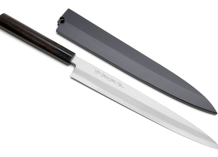 Yoshihiro Inox Stainless Steel Yanagi Sushi Sashimi Japanese Chef Knife Round Rosewood Handle with Nuri Saya Cover
