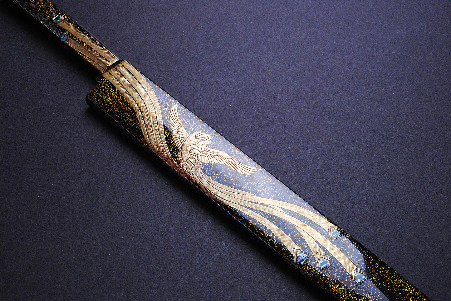 Yoshihiro Mizuyaki Honyaki Mirror Finished Mt.Fuji with Full Moon Yanagi Kiritsuke 24k Gold Phoenix Maki-Urushi Lacquered Rosewood Handle and Saya