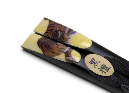Japanese Premium Ebony Wood Chopsticks Fukiurushi Lacquered Kano Sanraku Gold Tiger with Paulownia Wooden Box