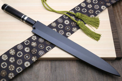 Yoshihiro Honyaki Aoko Blue Steel Mirror Finished Yanagi Sushi Sashimi Japanese knife with Triple Nickel Silver Ring Ebony Handle