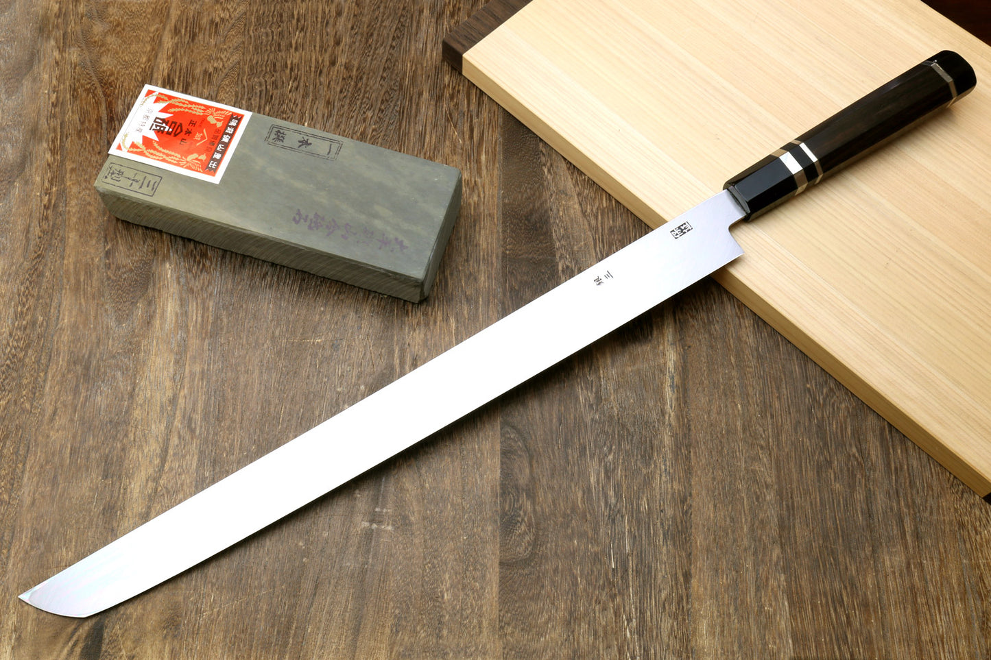 Yoshihiro Ginsan Mirror Polished Stain Resistant Steel Maguro Bocho Tuna Knife with Triple Silver Ring Ebony Handle (Sakimaru Takobiki Style) *Blade Length 17.7"