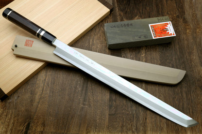 Yoshihiro Ginsan Mirror Polished Stain Resistant Steel Maguro Bocho Tuna Knife with Triple Silver Ring Ebony Handle (Sakimaru Takobiki Style) *Blade Length 17.7"