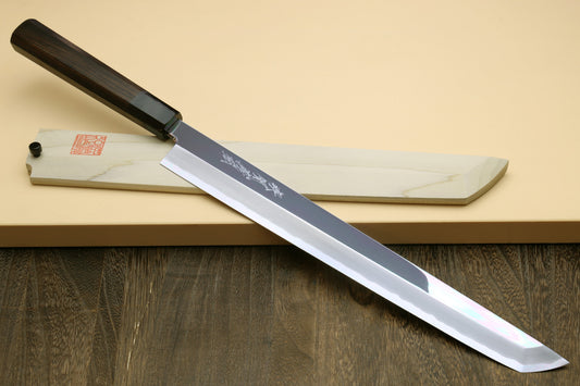 Yoshihiro Ginsan Mirror Polished Stain Resistant Steel Sakimaru Takobiki Sushi Sashimi Slicing Japanese Knife Ebony Handle