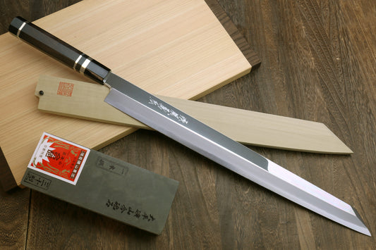 Yoshihiro Ginsan Mirror Polished Stain Resistant Steel Maguro Bocho Tuna Knife with Triple Silver Ring Ebony Handle (Yanagi-Kiritsuke Style) *Blade Length 17.7"