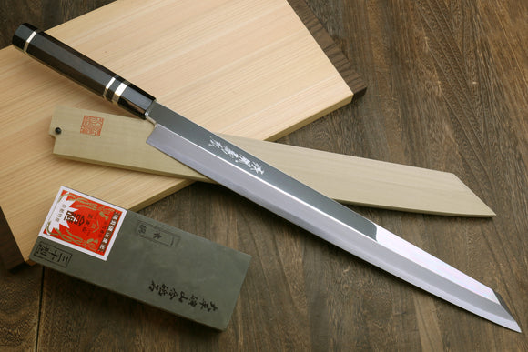 Yoshihiro Ginsanko Mirror Polished Stain Resistant Steel Maguro Bocho Tuna Knife with Triple Silver Ring Ebony Handle (Yanagi-Kiritsuke Style) *Blade Length 17.7