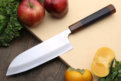 Yoshihiro High Speed Steel HAP40 Santoku Multipurpose Chefs Knife Natural Ebony Handle