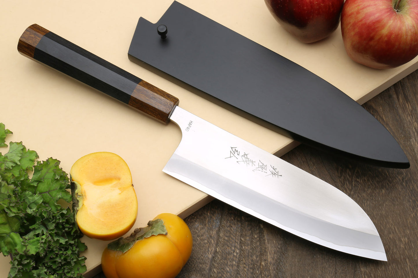 Yoshihiro High Speed Steel HAP40 Santoku Multipurpose Chefs Knife Natural Ebony Handle