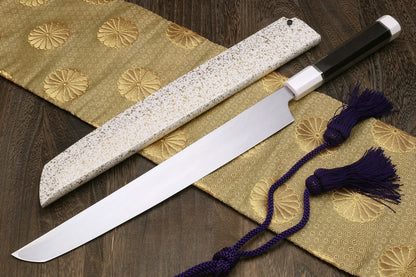 Yoshihiro Mizu Honyaki White Steel Mirror Finished Namiukashi Sakimaru Takobiki Sushi Sashimi Japanese Knife with Double Nickel Silver Ring Corian Ebony Handle