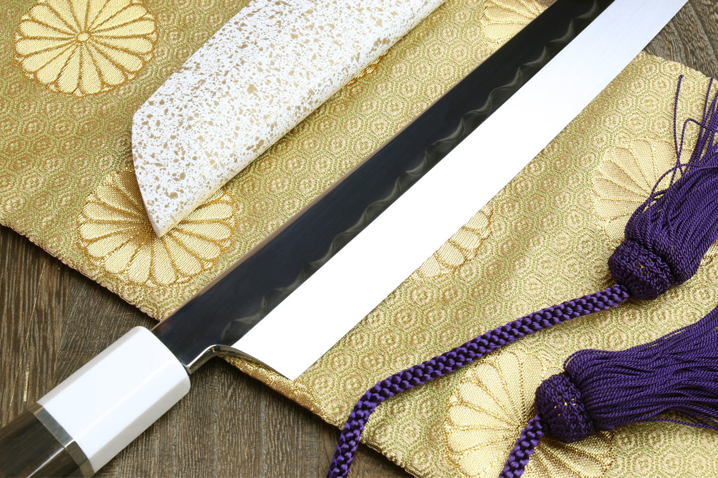 Yoshihiro Mizu Honyaki White Steel Mirror Finished Namiukashi Sakimaru Takobiki Sushi Sashimi Japanese Knife with Double Nickel Silver Ring Corian Ebony Handle